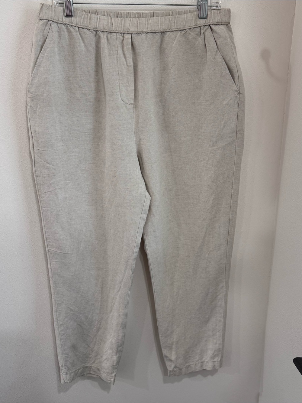 Oysho Linen Blend Pull On Pants L | Beige Relaxed Tapered Coastal